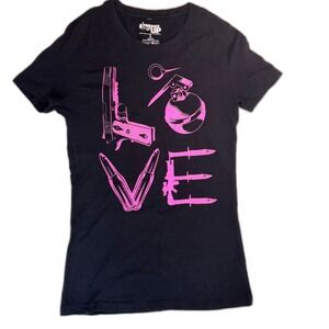 Ranger‎ Up Love is All You Need Graphic Tshirt Womens Small Black Pink Stretch